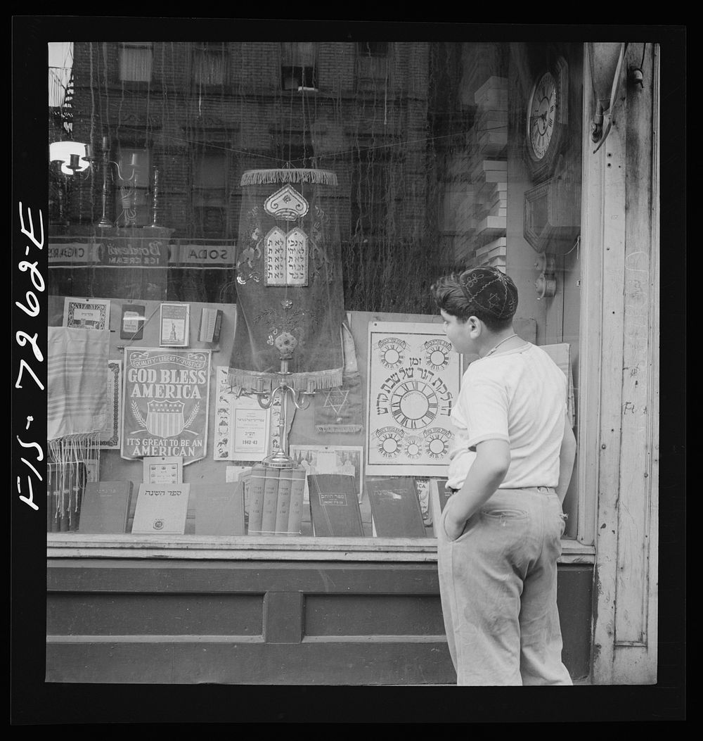 New York, New York. Window of a Jewish religious shop on Broom Street. Sourced from the Library of Congress.
