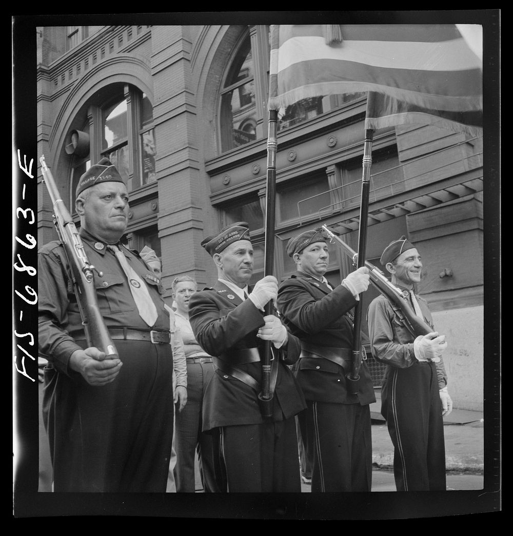 New York, New York. Italian-American Legionnaries marching in a parade on Mott Street, at the Feast of San Rocco (August 16)…