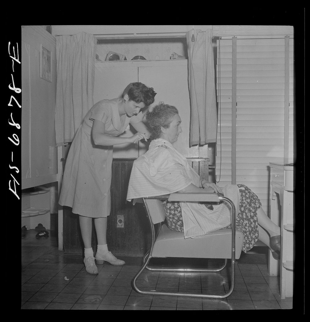 [Untitled photo, possibly related to: New York, New York. Dyeing hair at Francois de Paris, a hairdresser on Eighth Street].…