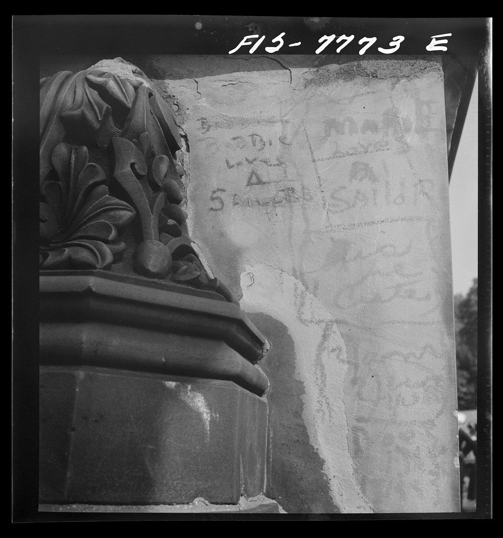 New York, New York. Recent inscriptions on a stone railing on the mall in Central Park. Sourced from the Library of Congress.