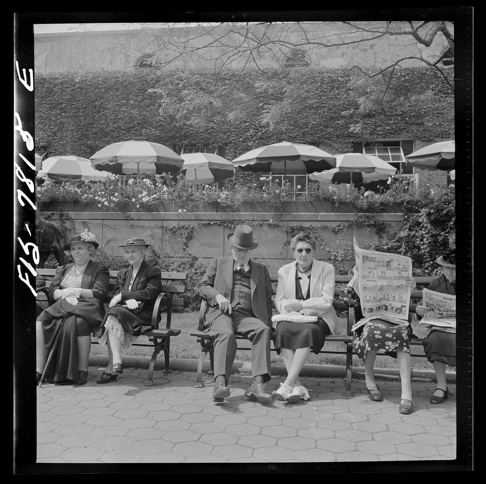 New Yrok, New York. Sunday bench sitters in front of the Central Park Zoo restaurant. Sourced from the Library of Congress.