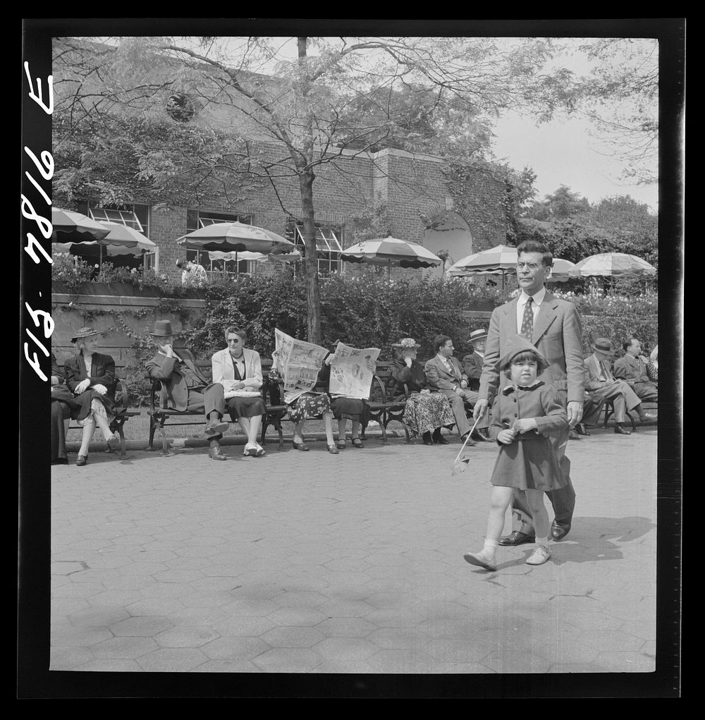 [Untitled photo, possibly related to: New York, New York. Sunday bench sitters in front of the Central Park Zoo restaurant].…
