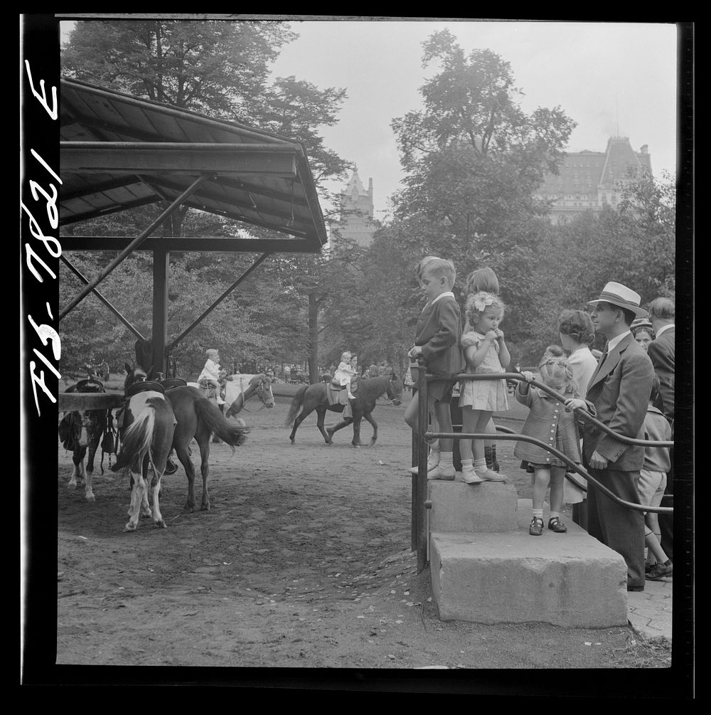 [Untitled photo, possibly related to: New York, New York. Children lined up for their turn at pony rides in Central Park on…
