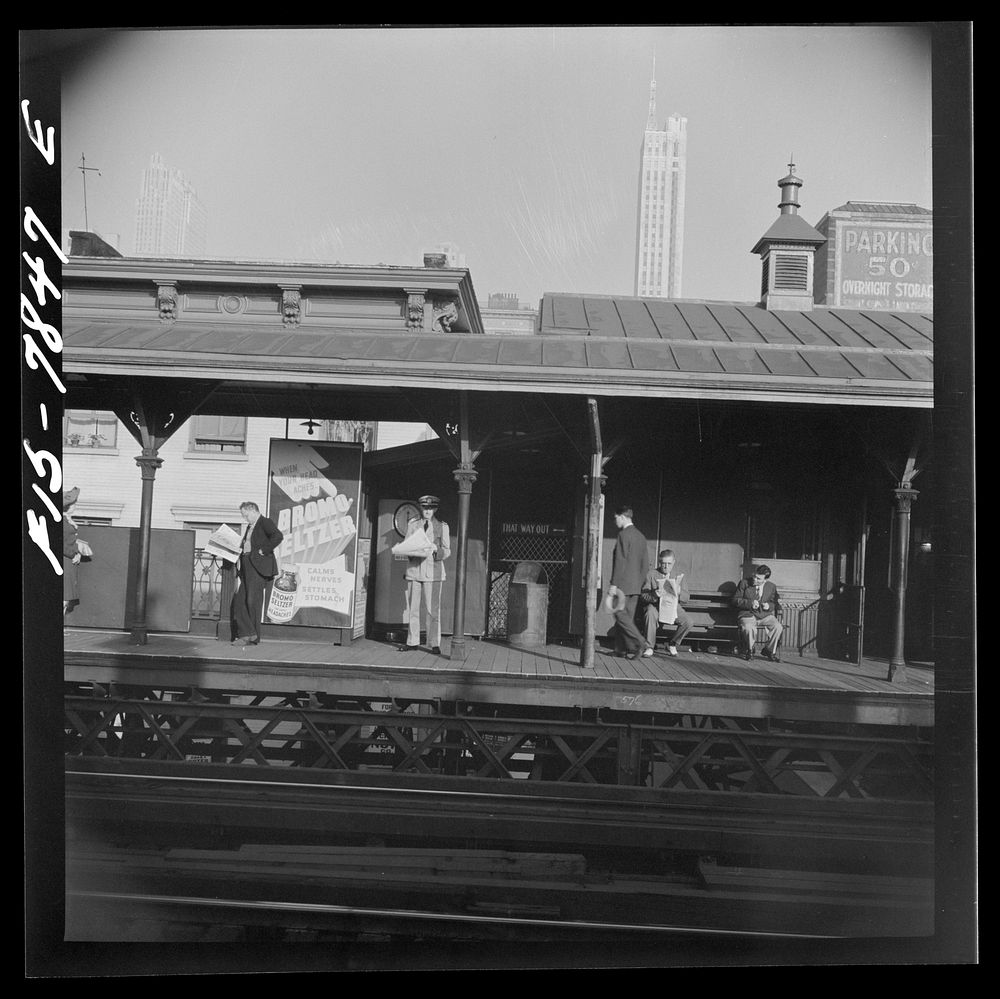 [Untitled photo, possibly related to: New York, New York. Third Avenue elevated railway station in the "Fifties" at 8:30…