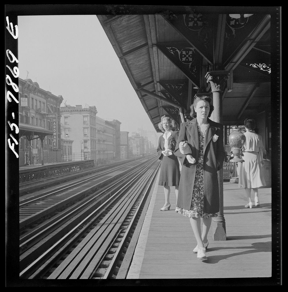 New York, New York. Waiting for the Third Avenue elevated railway in the "Sixties" about 8:45 a.m.. Sourced from the Library…