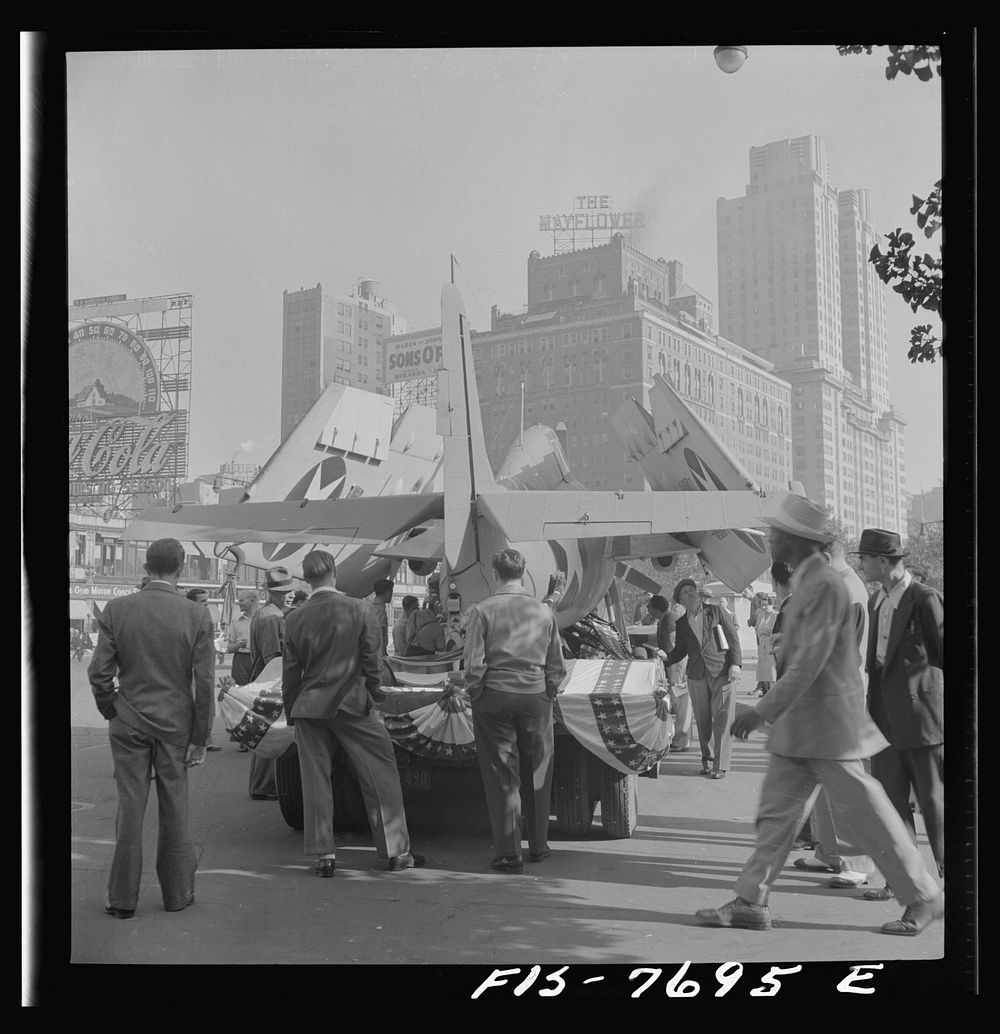 New York, New York. Grumman Wildcat airplane exhibited at Columbus Circle for bond selling purposes. Sourced from the…