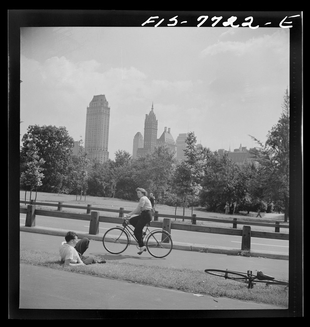 [Untitled photo, possibly related to: New York, New York. Looking south across a bicycle path in Central Park on Sunday].…