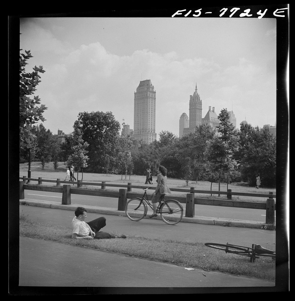 [Untitled photo, possibly related to: New York, New York. Looking south across a bicycle path in Central Park on Sunday].…