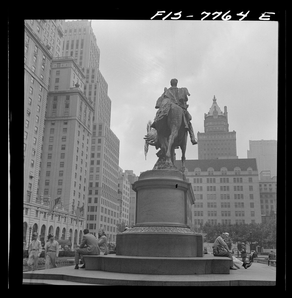 [Untitled photo, possibly related to: New York, New York. Statue of General Sherman at 59th Street and Fifth Avenue at the…