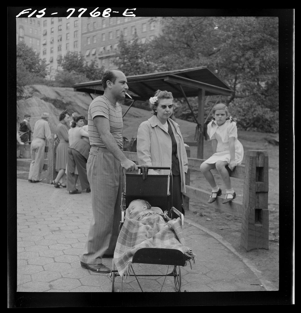[Untitled photo, possibly related to: New York, New York. Children lined up for their turn at pony rides in Central Park on…