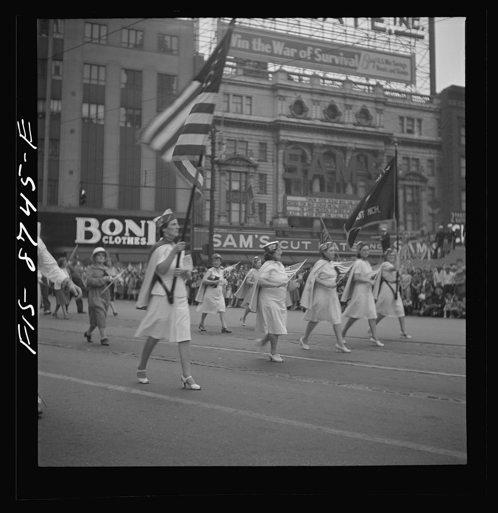 Detroit (vicinity), Michigan. Women workers parading in the Labor Day parade. Sourced from the Library of Congress.