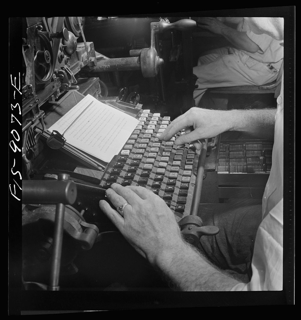 New York, New York. Composing room of the New York Times newspaper. Linotyper's hands. Sourced from the Library of Congress.