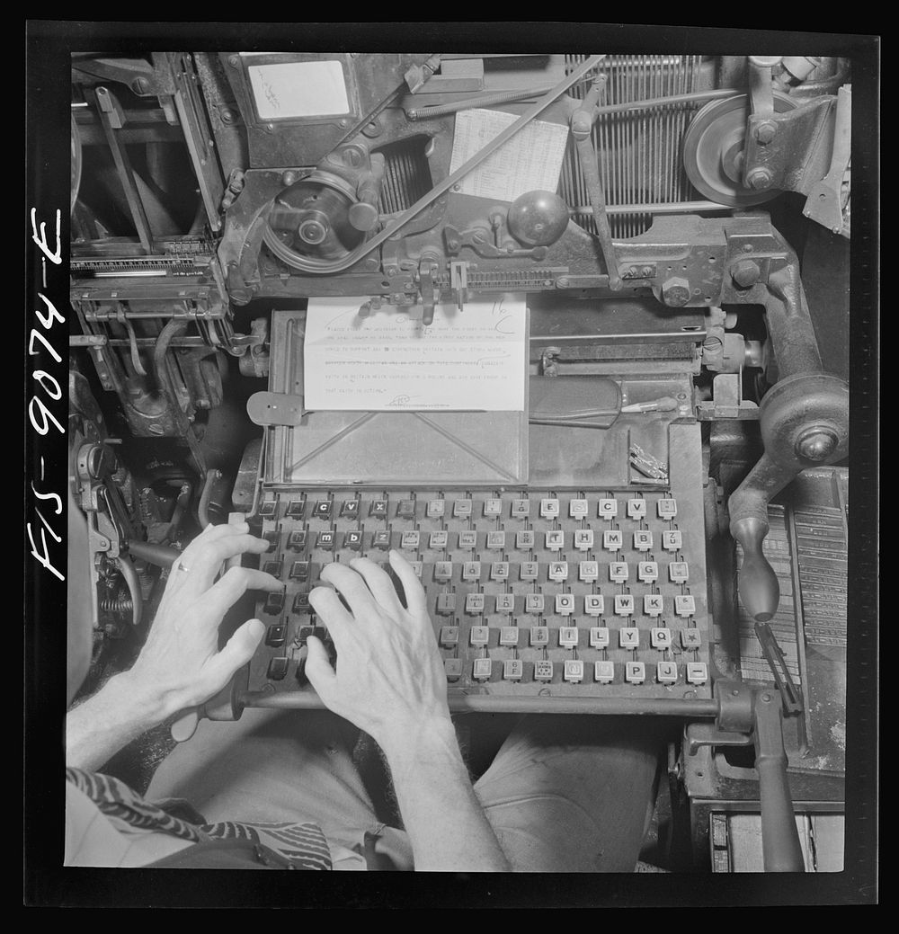 New York, New York. Composing room of the New York Times newspaper. Linotyper's hands. Sourced from the Library of Congress.