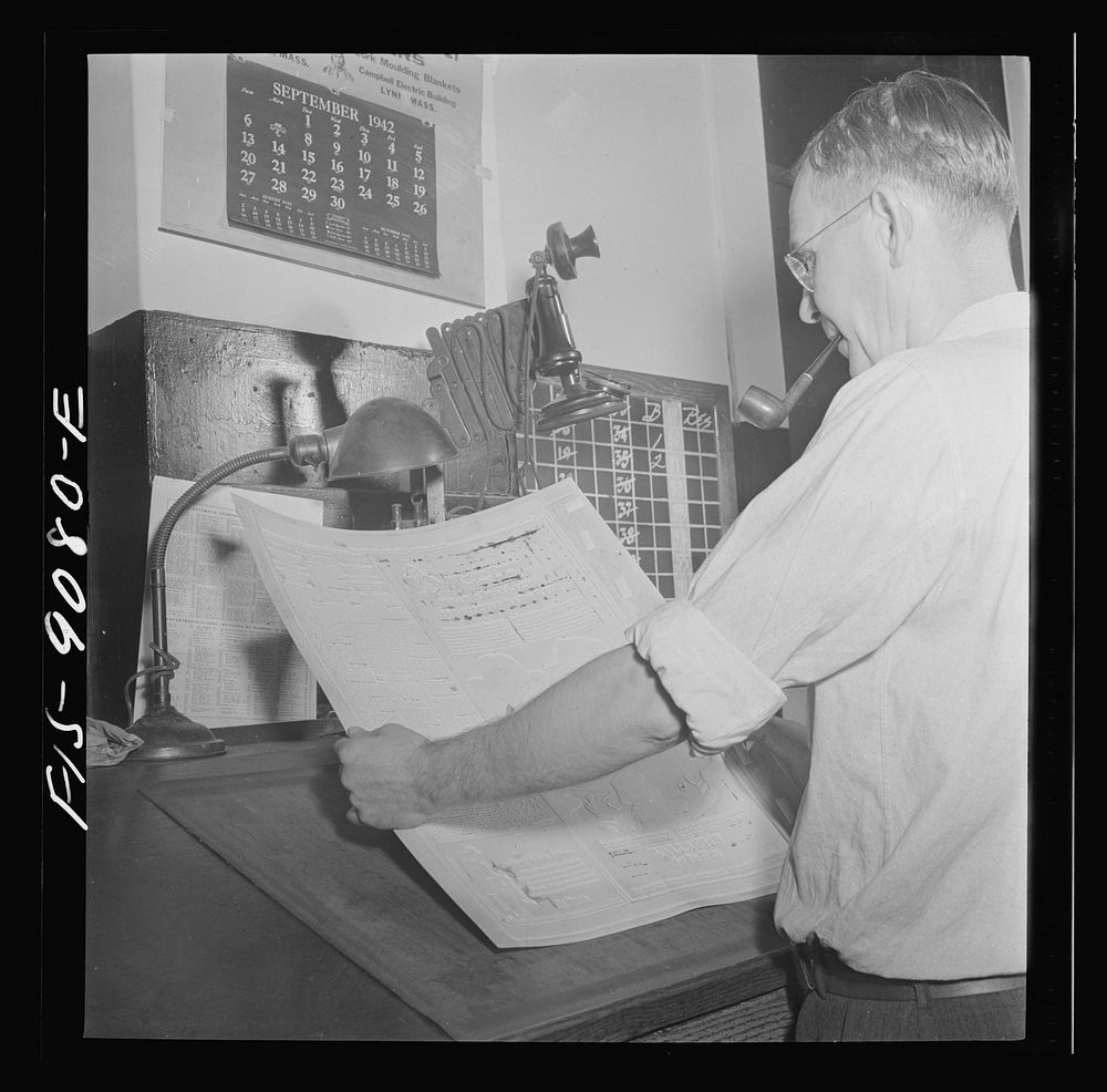 New York, New York. Composing room of the New York Times newspaper. Mats are checked for faults and blemishes. Sourced from…