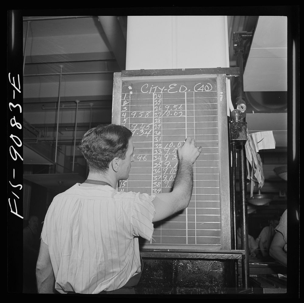 New York, New York. Composing room of the New York Times newspaper. As make-up of each page is completed, time is marked up…