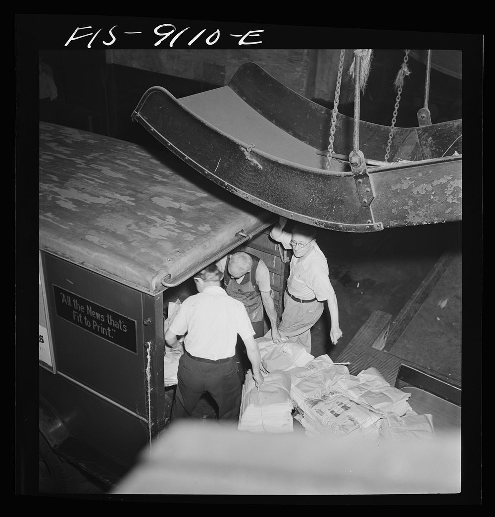 New York, New York. New York Times newspapers being loaded on trucks from mailroom. Sourced from the Library of Congress.