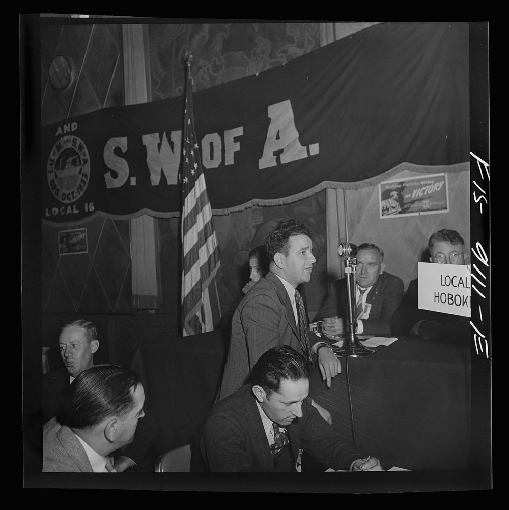 New York, New York. Marine and shipbuilding workers' convention. Flynn, a leader of the New Jersey local, addressing the…
