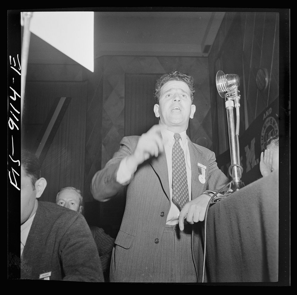 New York, New York. Marine and shipbuilding workers convention. Flynn, a leader of the New Jersey local, addressing the…