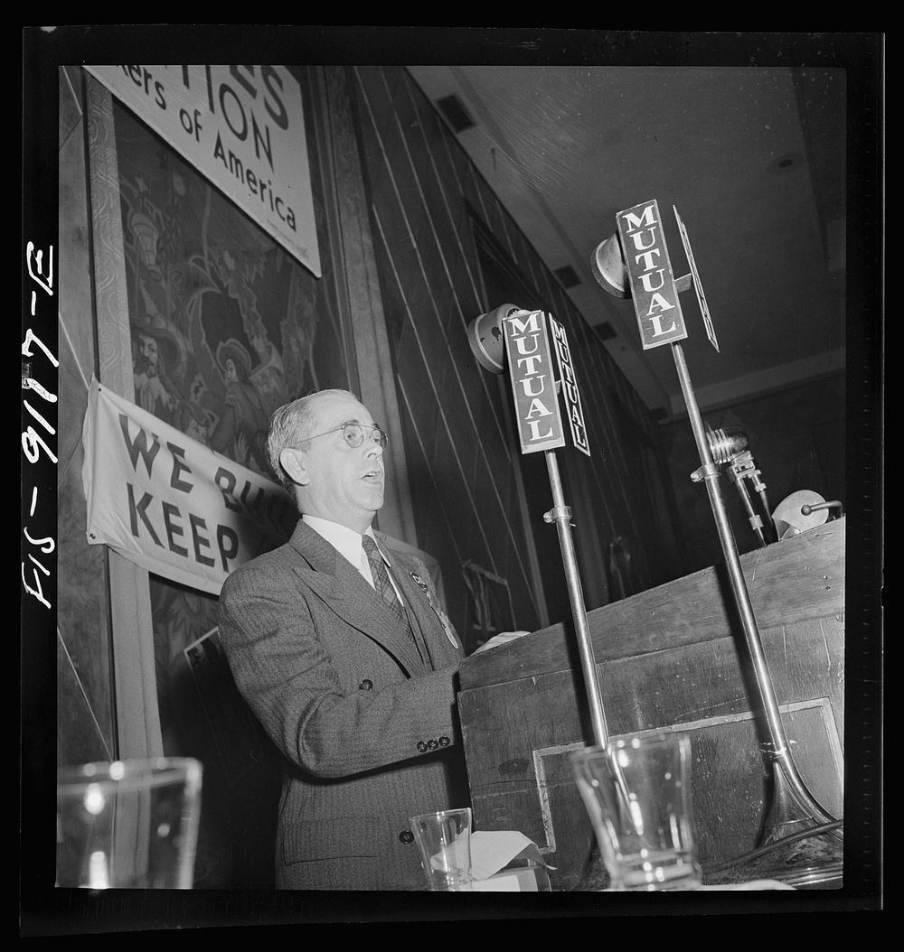 New York, New York. Marine and shipbuilding workers' convention. Union President Green, speaks over shortwave radio to…