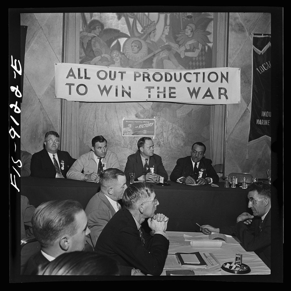 New York, New York. Marine and shipbuilding workers' convention. Guest at the speakers' table and union delegates listening…