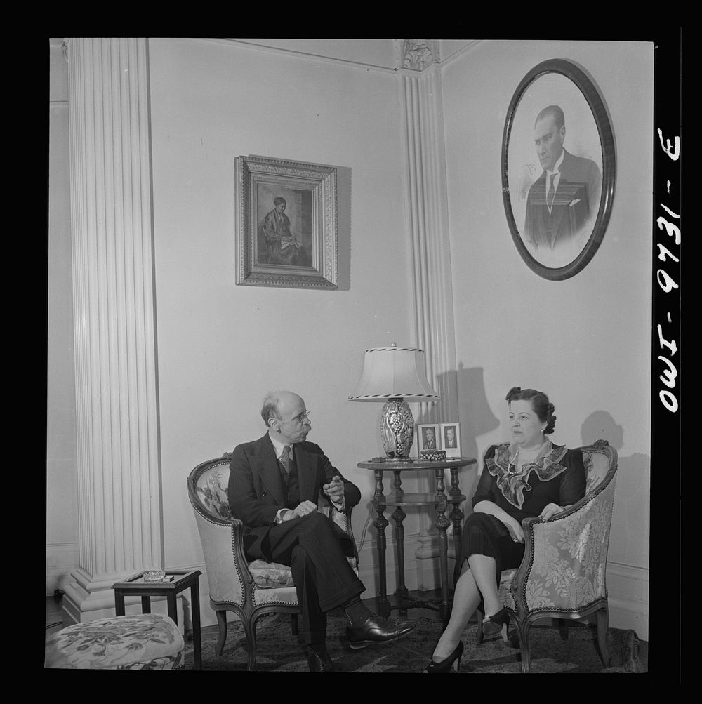 Washington, D.C. The Turkish Embassy. Ambassador and Madame Ertrogren [i.e., Ertegun] in the embassy living room. Photograph…