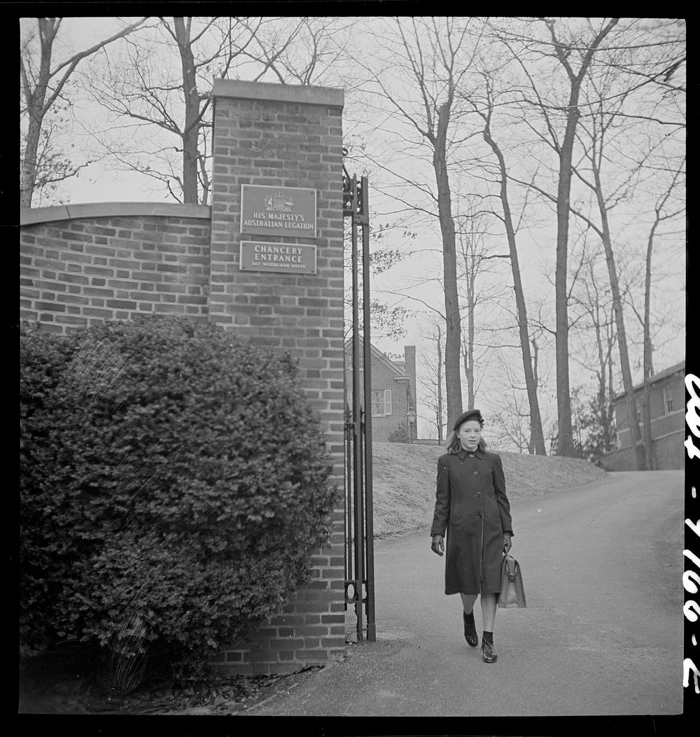 Washington, D.C. The Australian Legation. Jane Casey, daughter of the minister, on her way to wait for a school bus at the…