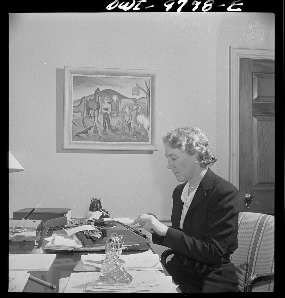 Washington, D.C. The Australian Legation. Mrs. Casey, wife of the minister, learns typing in her spare time. She painted the…