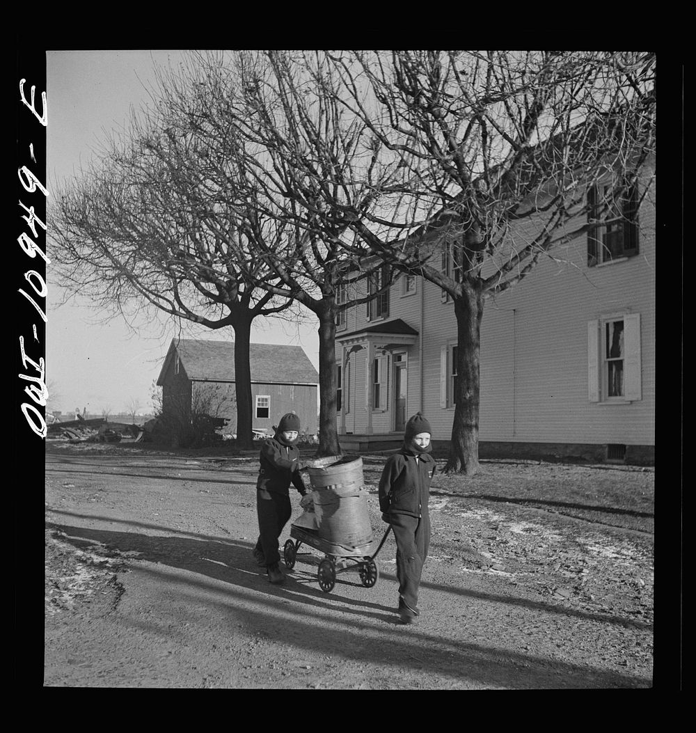 Lititz, Pennsylvania. Brothers bringing scrap from their barn to the curb for collection. Sourced from the Library of…