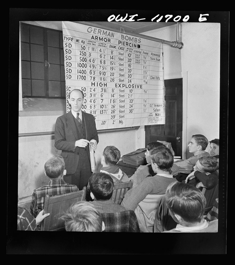 Lititz, Pennsylvania. Raymond Runk, accountant at the Animal Trap Company and fire captain, giving a lecture on German bombs…