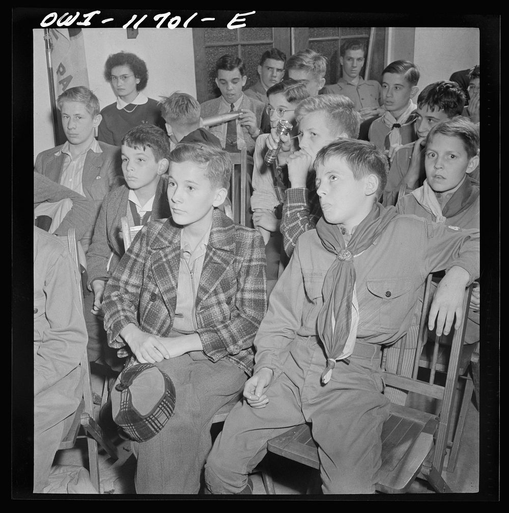 Lititz, Pennsylvania. Boy Scouts listening to lecture on German bombs during their training as messengers. Sourced from the…