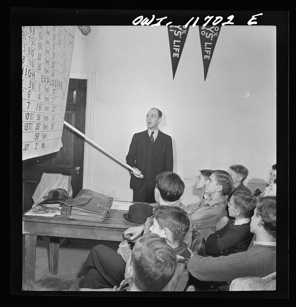 Lititz, Pennsylvania. Raymond Runk, accountant at the Animal Trap Company and fire captain, giving a lecture on German bombs…