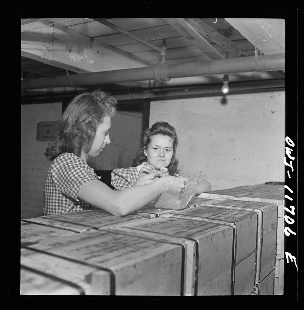 Lititz, Pennsylvania. Employees of the Animal Trap Company eating lunch off packing boxes; canteen accomodations are…