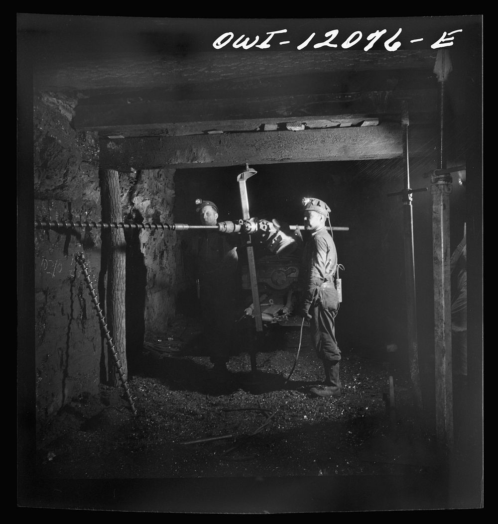 Pittsburgh, Pennsylvania (vicinity). Montour no. 4 mine of the Pittsburgh Coal Company. Drilling prior to blasting. Sourced…