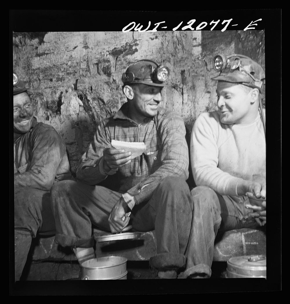 Pittsburgh, Pennsylvania (vicinity). Montour no. 4 mine of the Pittsburgh Coal Company. Miners at lunch in the "bean hole".…