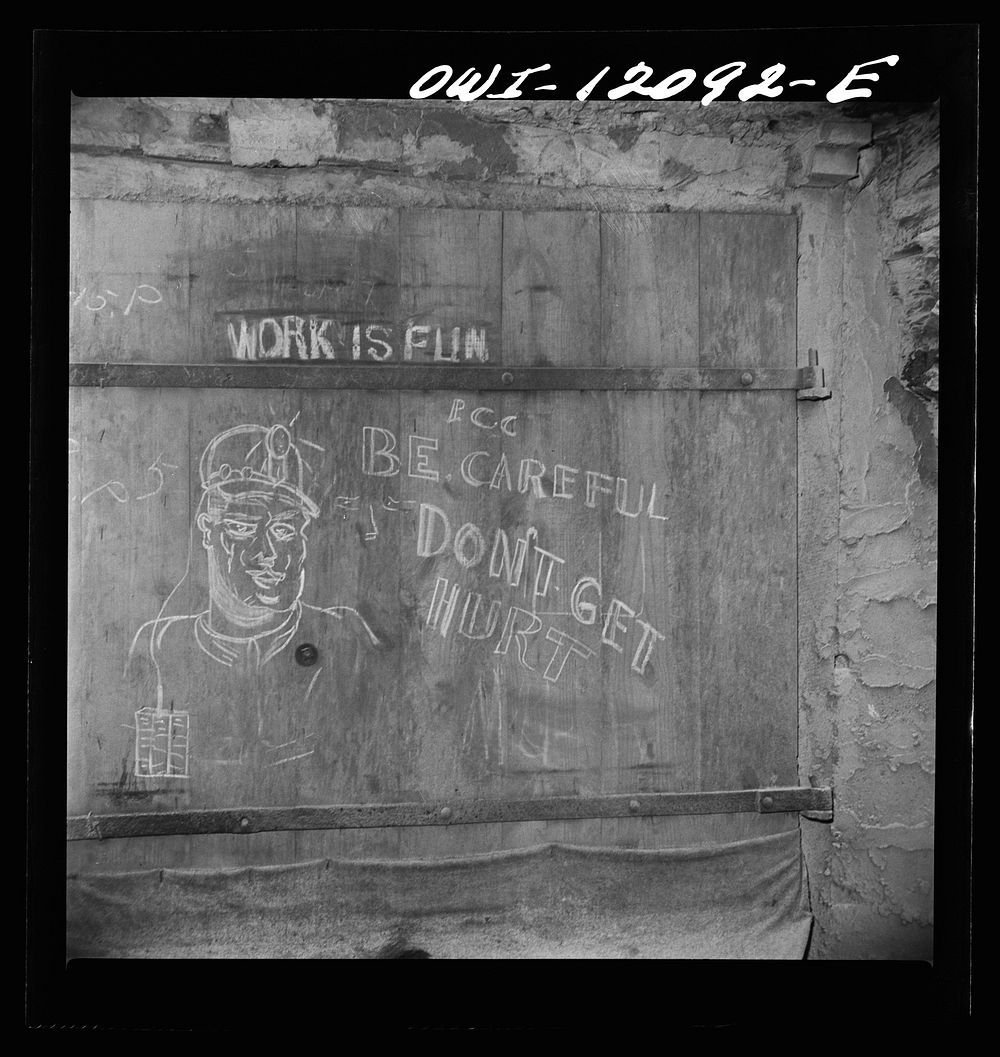 Pittsburgh, Pennsylvania (vicinity). Montour no. 4 mine of the Pittsburgh Coal Company. Sign on safety door. Sourced from…