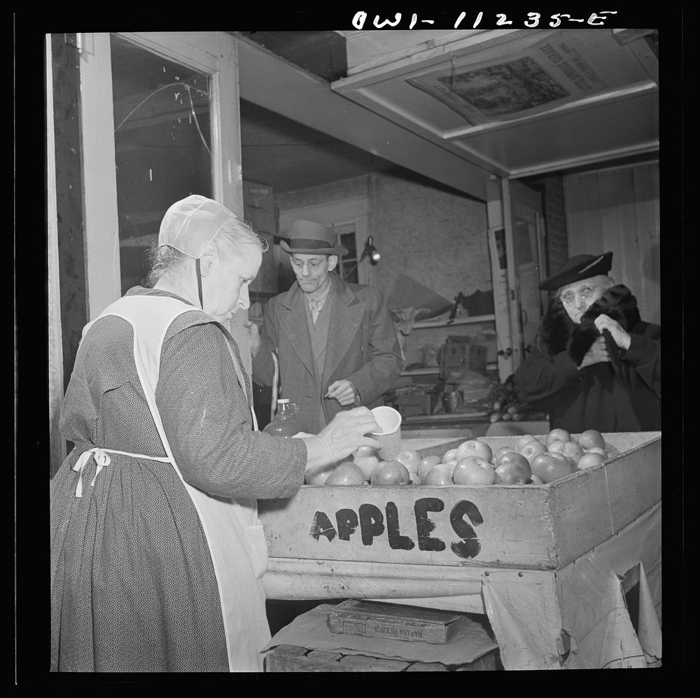 [Untitled photo, possibly related to: Lititz, Pennsylvania. Mennonite farmer's wife at the farmers' market]. Sourced from…