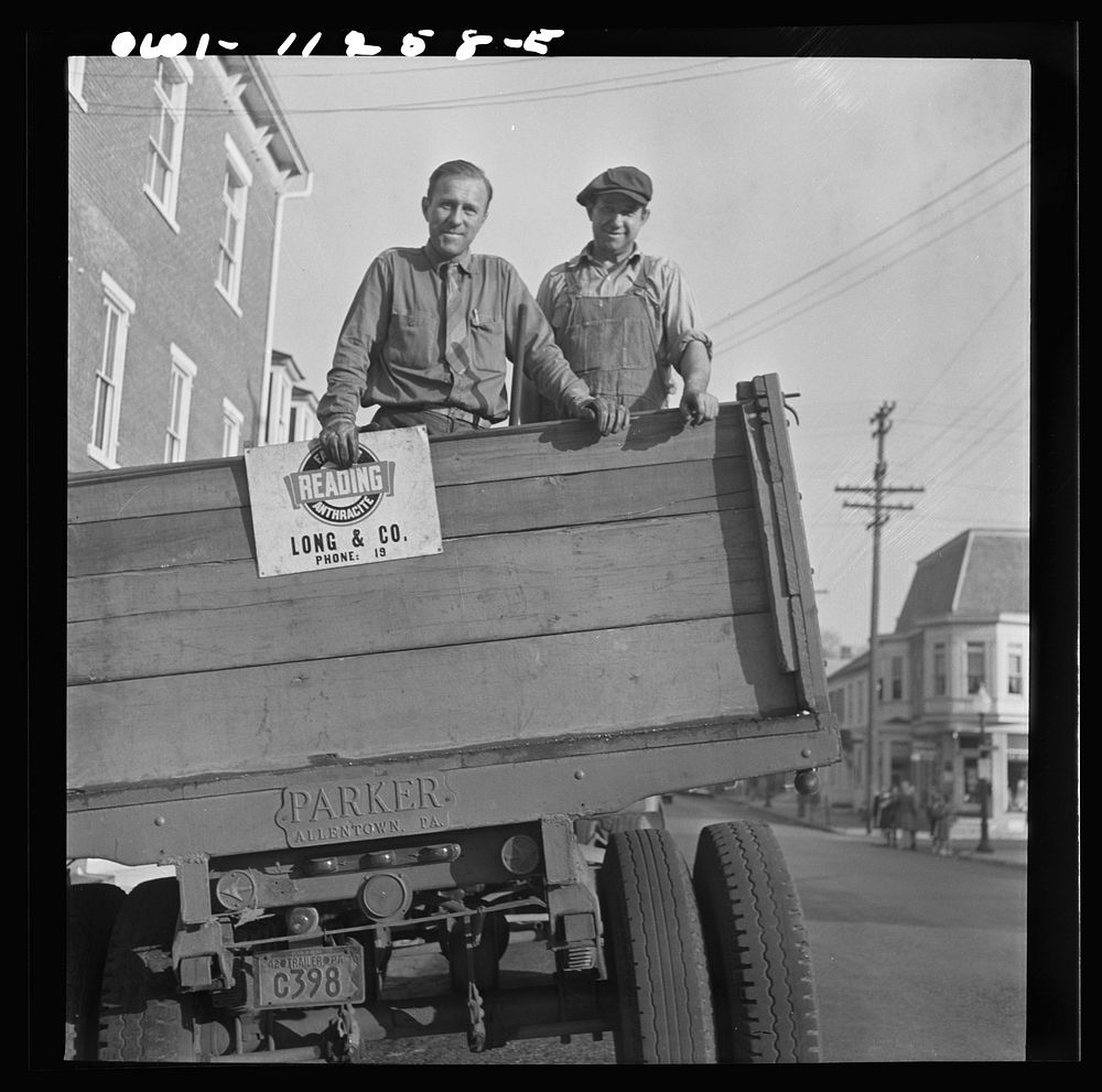 [Untitled photo, possibly related to: Lititz, Pennsylvania. Truckmen who deliver coal]. Sourced from the Library of Congress.
