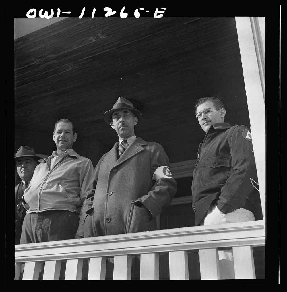 Lititz, Pennsylvania. Emergency policemen outside their headquarters during an air raid drill. Sourced from the Library of…
