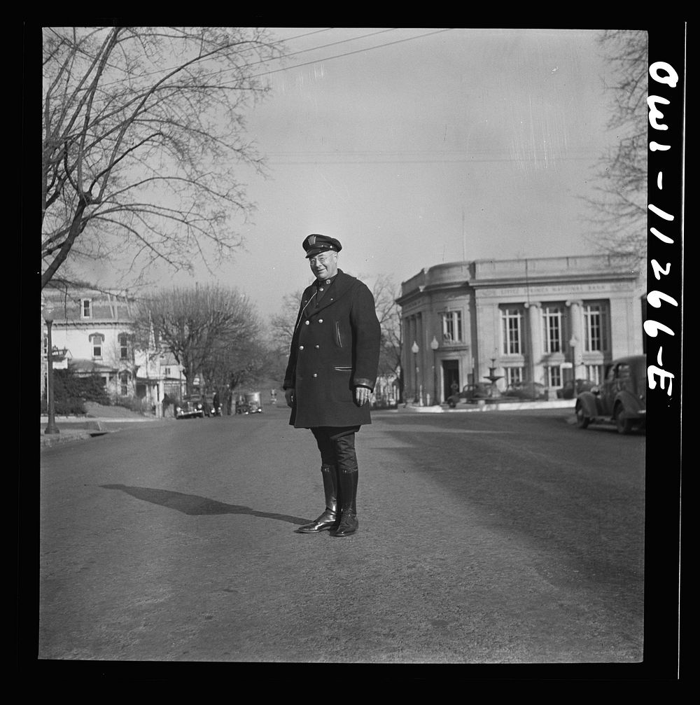 Lititz, Pennsylvania. "Bosser" Kreider, day policeman, during an air raid drill. Sourced from the Library of Congress.