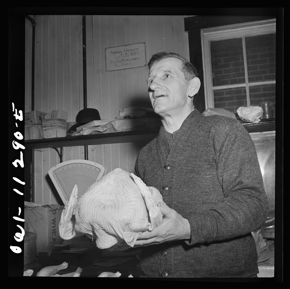 Lititz, Pennsylvania. Mennonite farmer is proud of his specially fed "double-breasted" turkeys. Sourced from the Library of…