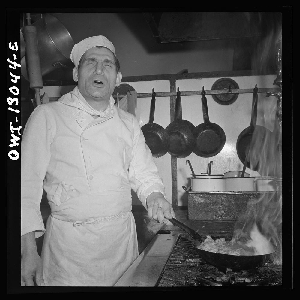 [Untitled photo, possibly related to: New York, New York. Chef in Marconi's Restaurant on Mulberry Street preparing New…