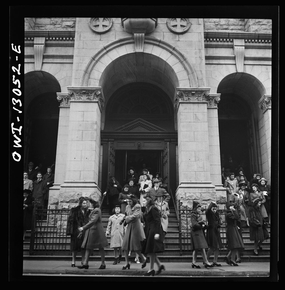 New York, New York. Italian-Americans coming out of Saint Dominick's church on Sullivan Street on New Year's Day. Sourced…