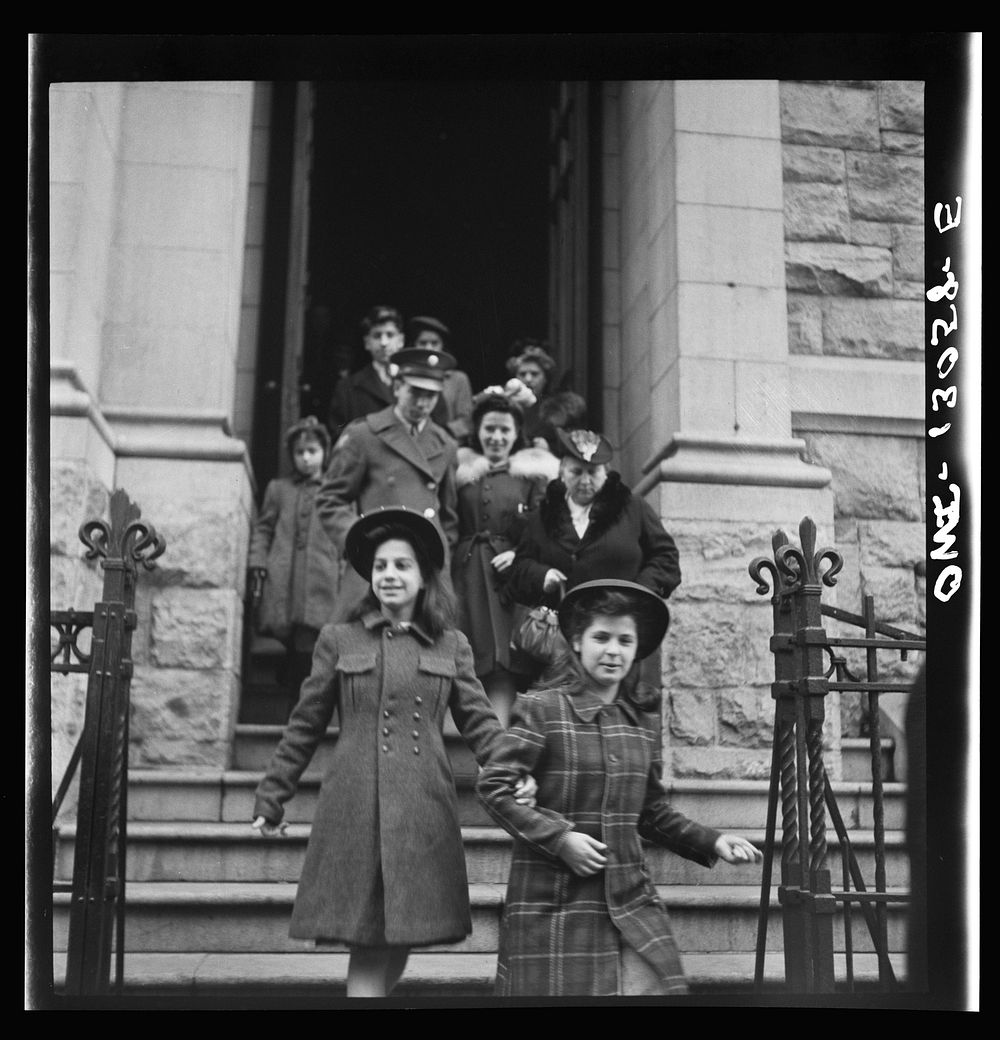 [Untitled photo, possibly related to: New York, New York. Italian-Americans coming out of Saint Dominick's church on…