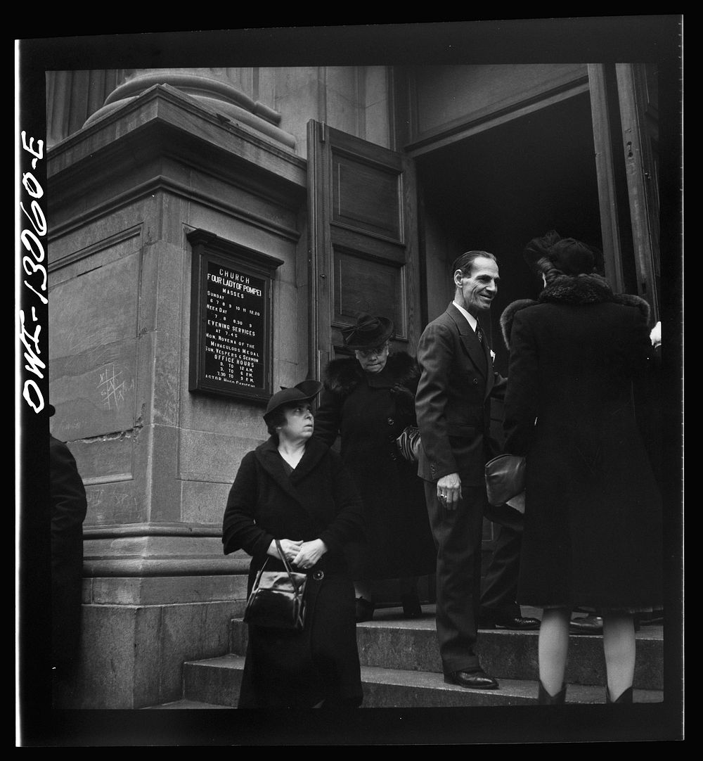 New York, New York. Italian-Americans leaving the church of Our Lady of Pompeii at Bleeker and Carmine Streets, on New…
