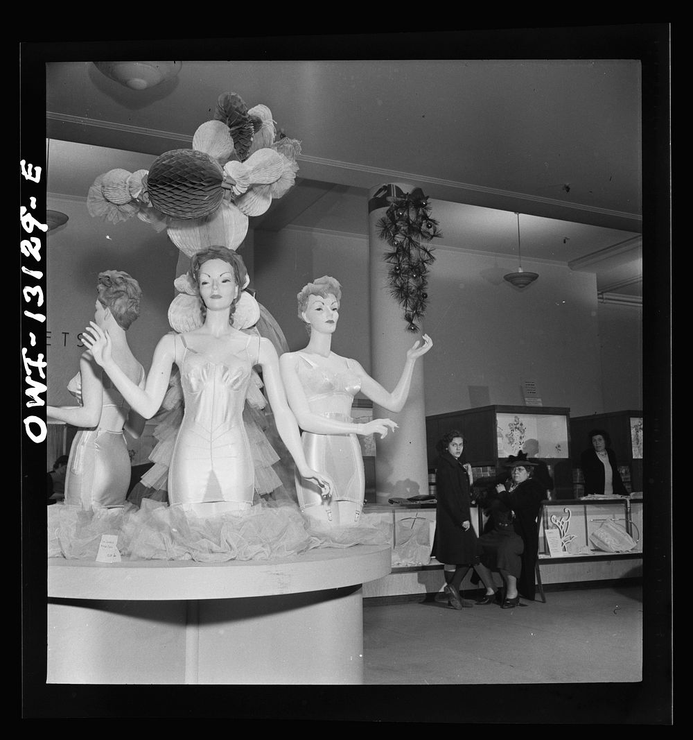[Untitled photo, possibly related to: New York, New York. Corset display at R. H. Macy and department store during the week…