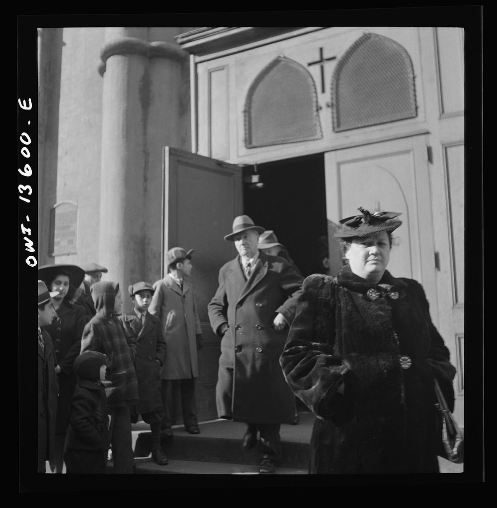 [Untitled photo, possibly related to: New York, New York. Italians coming out of Saint Patrick's Church on Mott Street on…