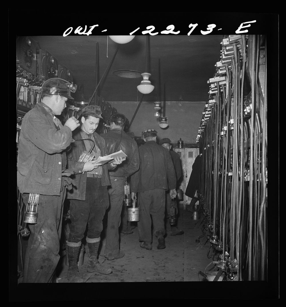 Pittsburgh, Pennsylvania (vicinity). Montour no. 4 mine of the Pittsburgh Coal Company. Miners getting their head and safety…