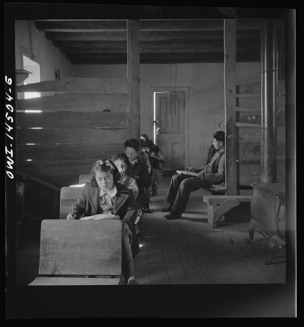 [Untitled photo, possibly related to: Ojo Sarco, New Mexico. One-room school in an isolated mountainous Spanish-American…