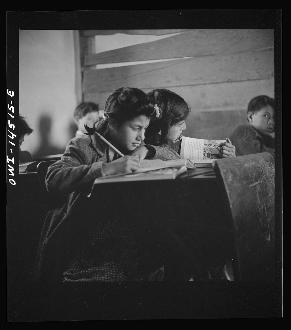 [Untitled photo, possibly related to: Ojo Sarco, New Mexico. One-room school in an isolated mountainous Spanish-American…