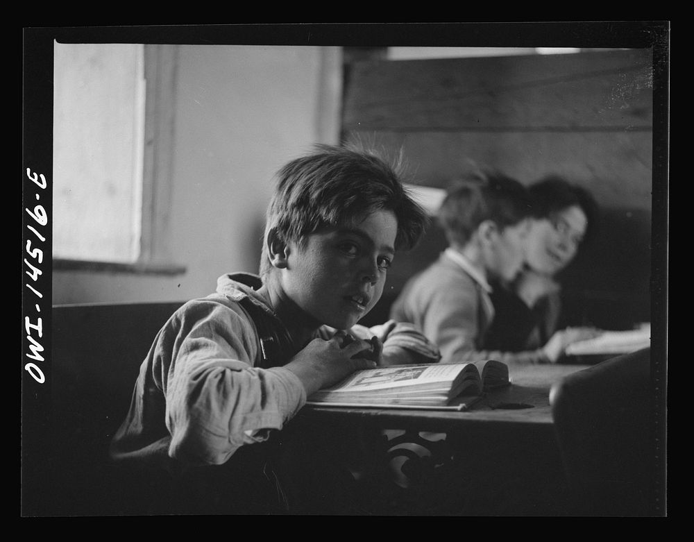 Ojo Sarco, New Mexico. One-room school in an isolated mountainous Spanish-American community, which has eight grades and two…